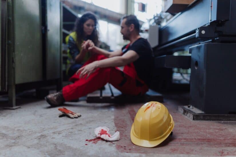 Worker injured at job site receiving assistance while highlighting workplace accident claims and workers compensation rights