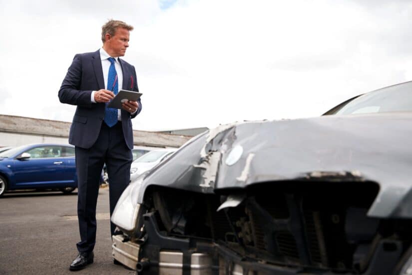 Car accident claim process showing damaged vehicles and focus on legal steps, insurance negotiation, and compensation